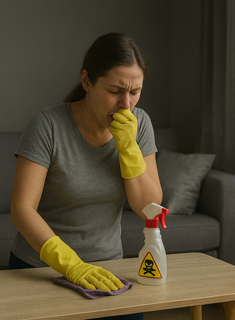 Woman using harsh chemical cleaner coughing and wearing gloves at home, representing the health risks of traditional cleaning services
