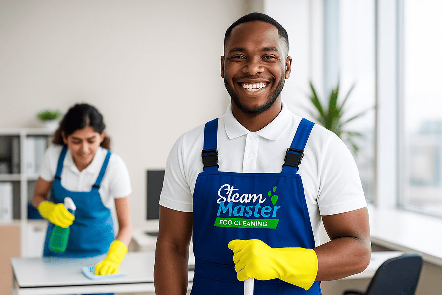 Professional African-American commercial cleaner smiling while working in a modern office in Miami, wearing gloves and uniform with Steam Master Eco Cleaning logo.