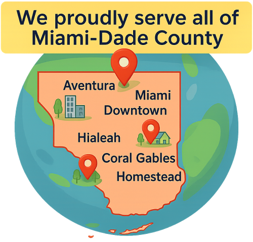 Illustrated map of Miami-Dade County on a dark blue background, featuring labeled locations such as Downtown, Hialeah, Coral Gables, Kendall, and Homestead with colorful icons of houses and buildings, and a pin highlighting service coverage.