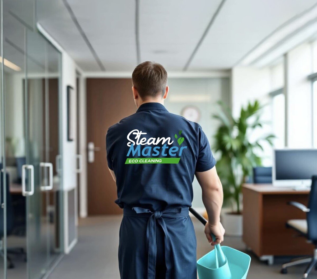 Steam Master Eco Cleaning technician providing eco-friendly office cleaning services in Miami-Dade County
